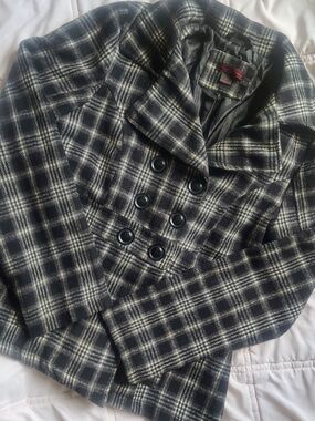 Black Lipstick Black and White Plaid Double-Breasted Pea Coat